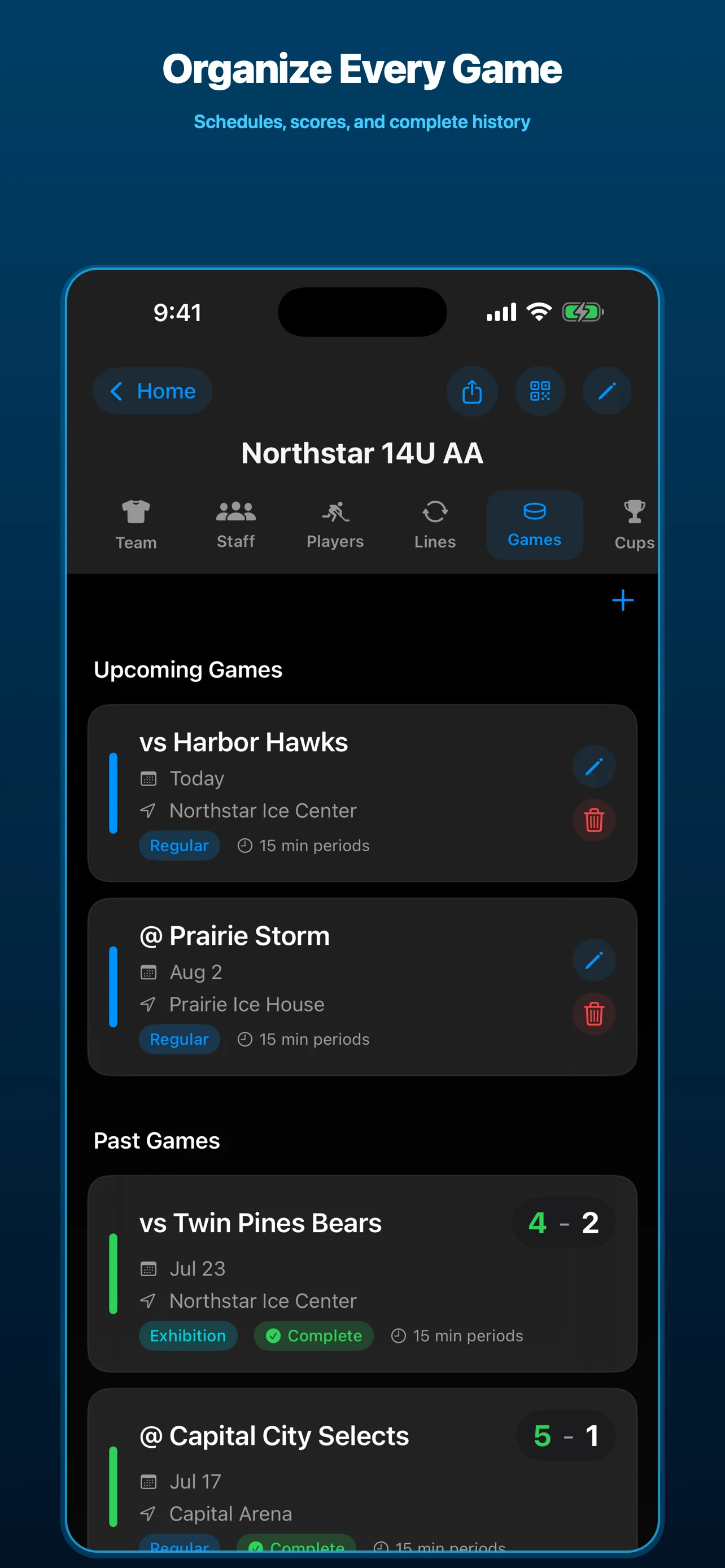 IceMetrics schedule with upcoming and completed hockey games